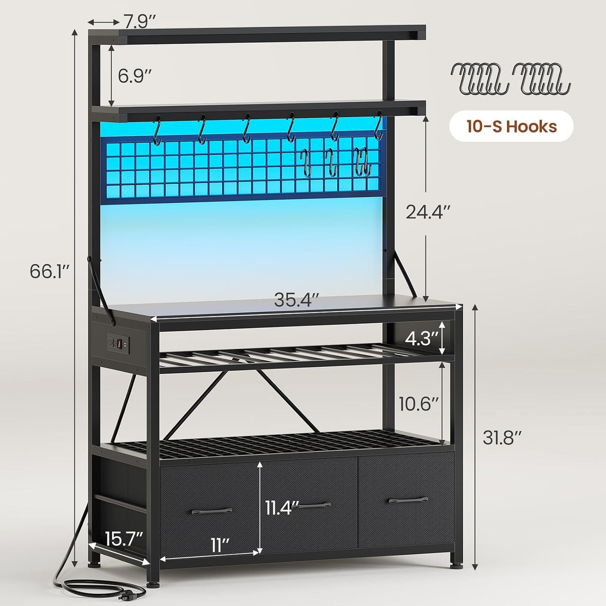 Itaar Bakers Rack with Storage and Power Outlet, 35.4 inch Coffee Bar Cabinet, Microwave Stand Kitchen Cabinet with Hutch, LED Lights, Wine Rack and Hooks (Black)