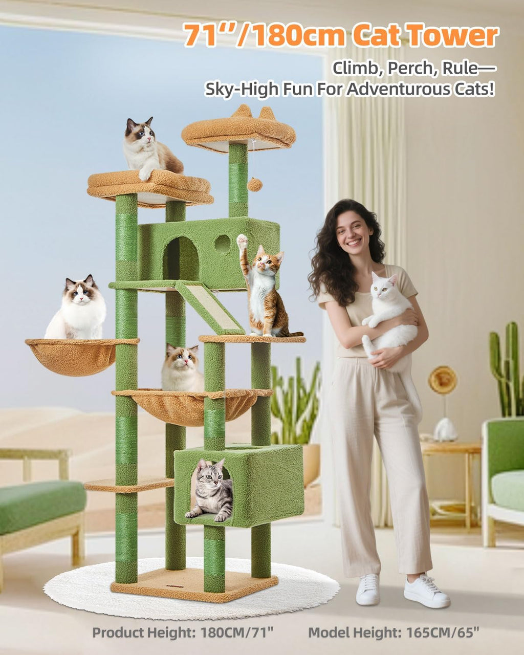 Taoqimiao Cactus Cat Tree, 71 in Extra Large Cat Tower for Indoor Cats