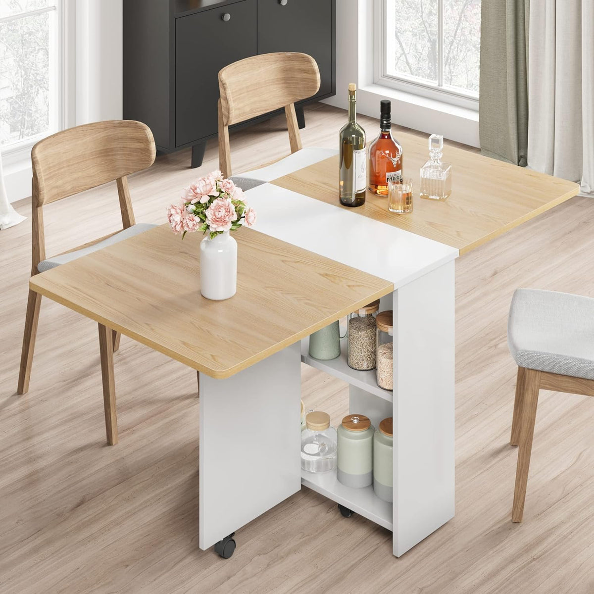 IDEALHOUSE FoldingTable, Drop Leaf Dining Table with 6 Wheels and 2-Layer Storage Shelf, Space Saving Table for Small Spaces (Dark Walnut, 50.1" D x 31.4" W x 29.5" H)