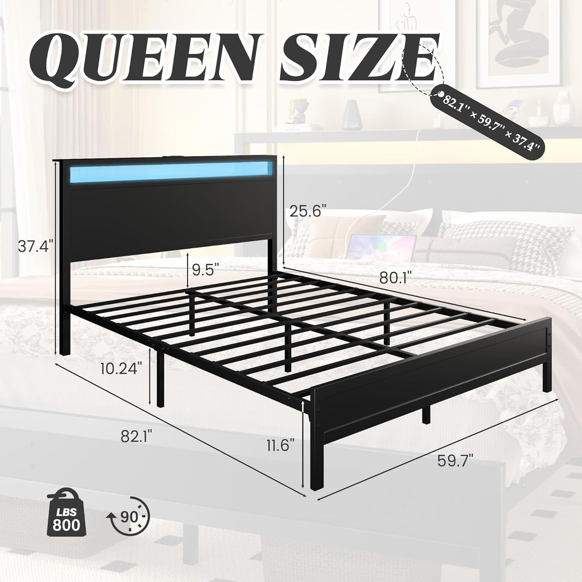 Fluest Queen Bed Frame with Headboard & Footboard, Bed Frame with Built-in Charging Station & LED Light, Storage Shelf, Noise-Free, No Box Spring Needed, Easy Assembly, Classic Black