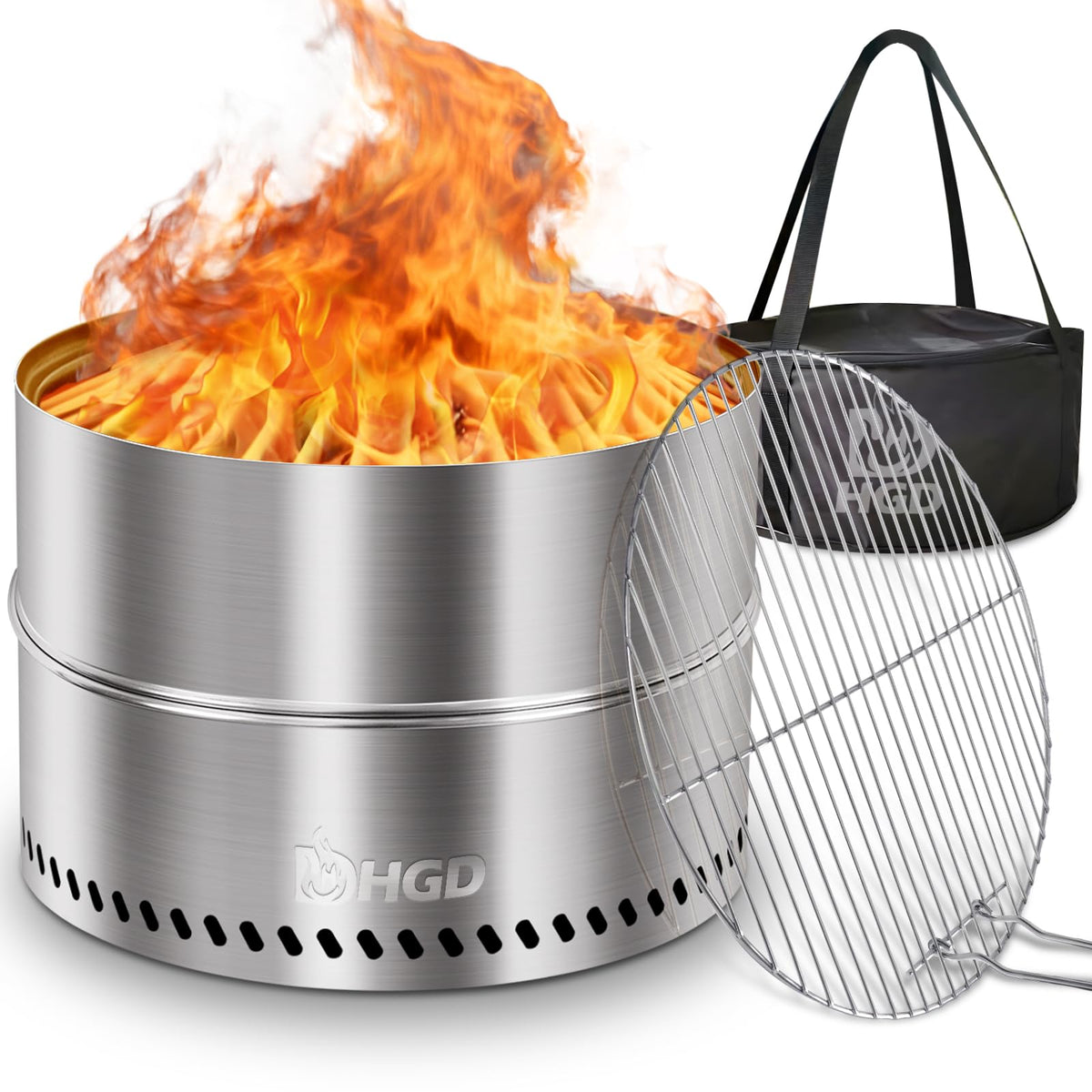 HGD 20 inch Smokeless Firepit Outdoor, Portable Smokeless Fire Pit for Camping with Travel Bag, Stainless Steel Wood Burning Stove for Backyard & Patio, Easy Setup & Compact Storage