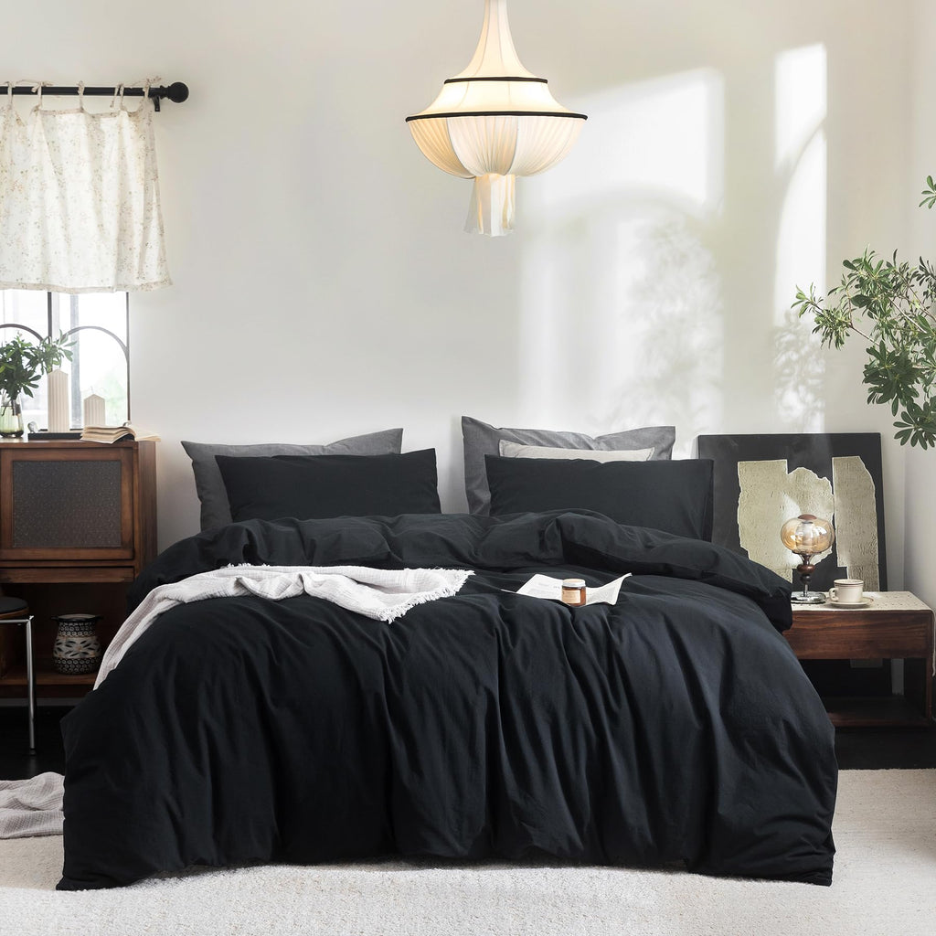 FOSSA Duvet Cover Set 100% Washed Cotton Linen Feel Queen