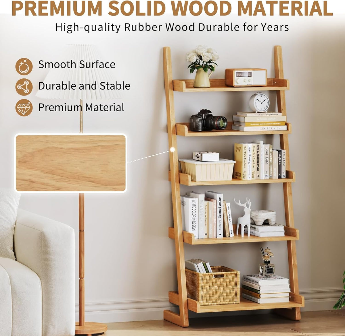 Uniclinens Natural Wooden Ladder Shelf, 5-Tier Ladder Bookshelf, Ladder Shelf Bookcase for Compact Spaces, Wooden Bookshel for Living Room, Bedroom, Home Office,(23.6''Dx15.7''Wx55.1''H)