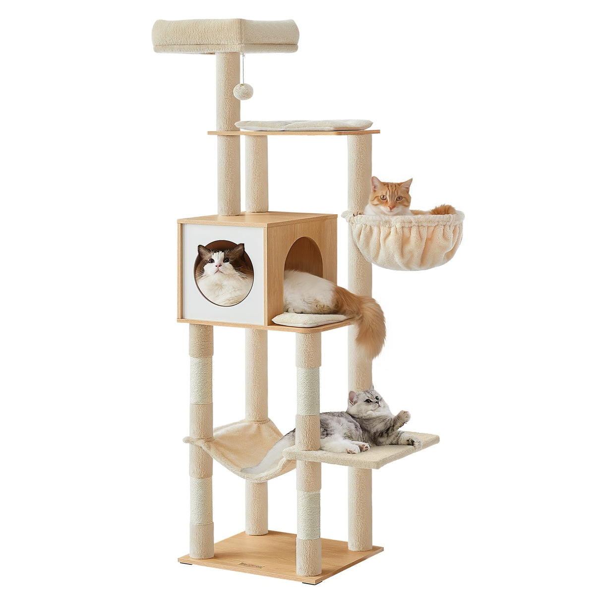 Feandrea Cat Tree, 65-Inch Tall Cat Tower, Multi-Level Condo with Cave