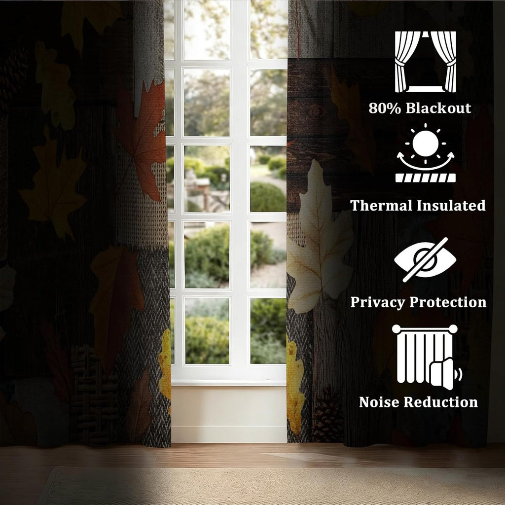 Rustic Fall Leaves Blackout Curtains 84 Inch Long 2 Panels, Autumn Maple Leaf Pinecone Thermal Insulated Grommet Drapes, Wood Burlap Texture Print Energy Saving Noise Reducing Curtains