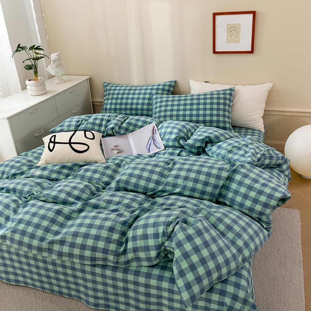 EAVD Vintage Buffalo Plaid Duvet Cover Queen Red&Black&Green Muslin Cotton