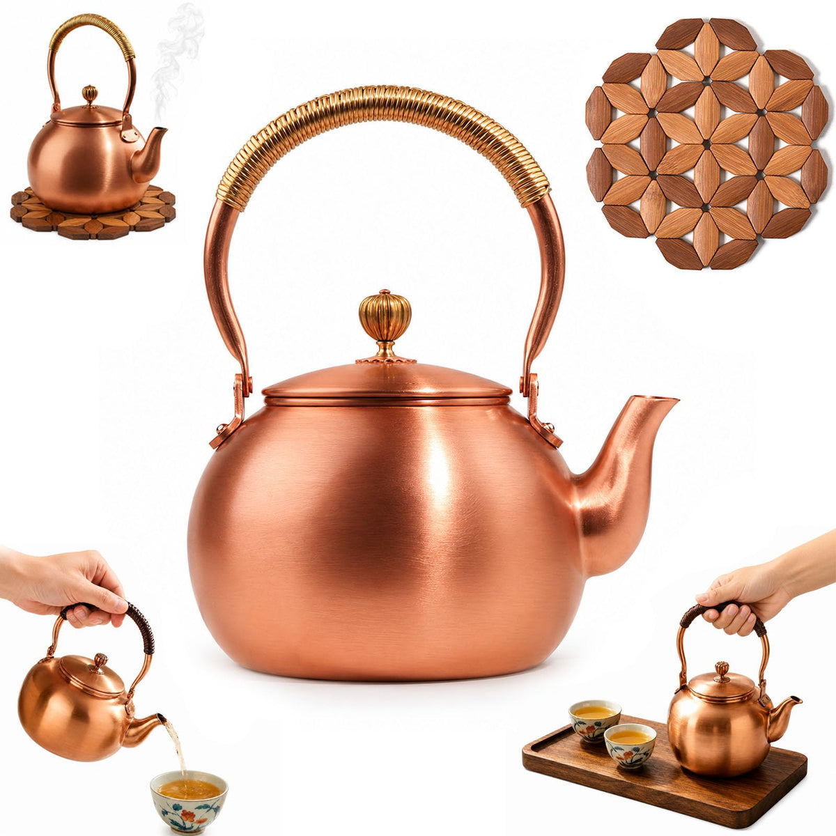 Handmade Copper Stovetop Teapot Kettle, Solid Copper Tea Kettle with Vintage Hammer Design, Thickened Household Boiling Teapot for Induction, Electric, Easy to Clean (A*1200ML)