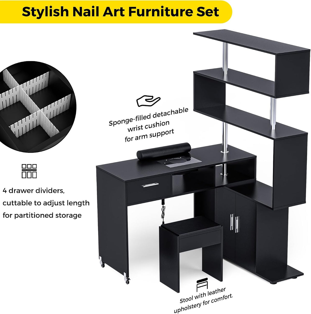 Kikihouse Manicure Table with Dust Collector, L-Shaped Nail Desk with Stool