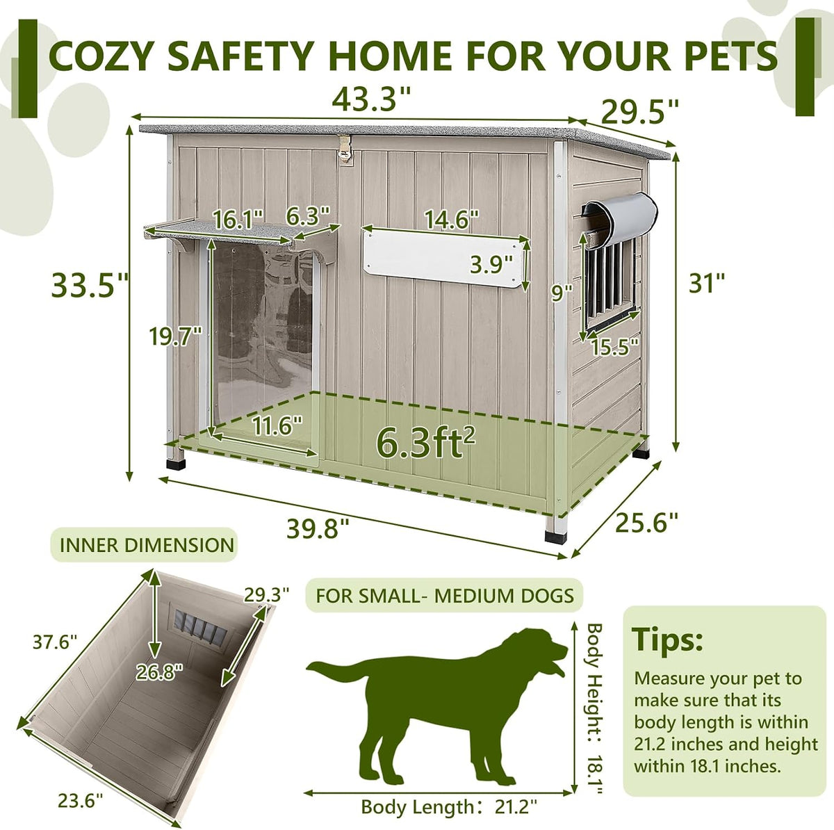 Ketive 43.3" L XL Outdoor Wooden Dog House for Medium to Large Dogs
