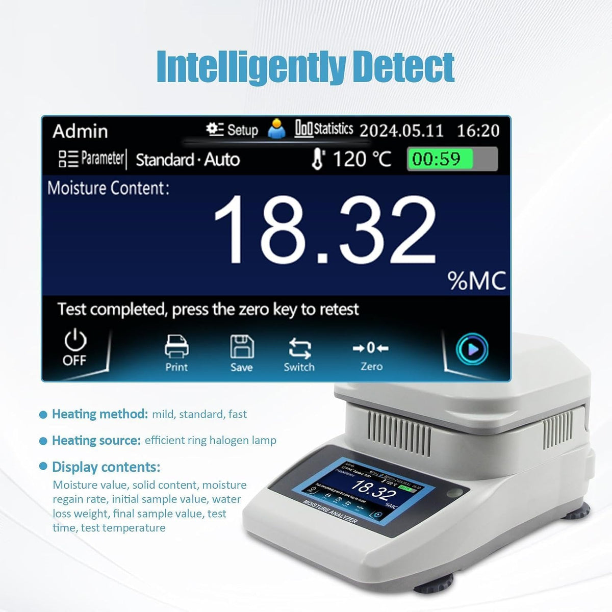 110V Halogen Moisture Analyzer Accuracy 0.001g,4.3In Touch Screen Lab Grain Moisture Analyzer - 0.01% Readability Water Content Test with 120g Capacity 3 Drying Modes for Agriculture Medicine