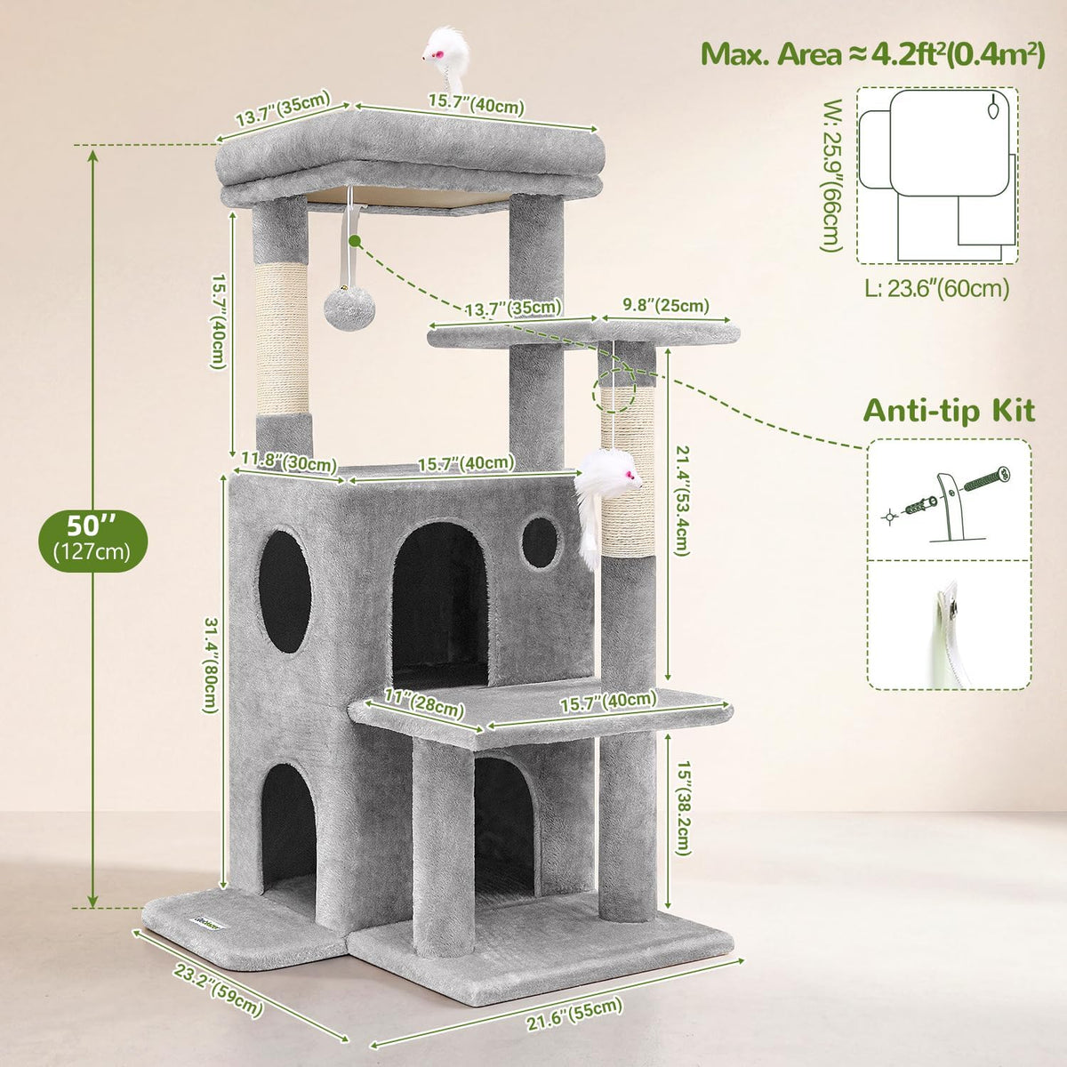 Globlazer Cat Tree Tower for Indoor Cats Large Adult, FC50, Light Grey