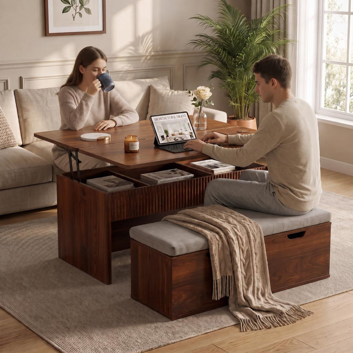 Lift Top Coffee Table with Bench and Storage, 39.4 Inch Convertible Coffee Table Dining Table Set with Hidden Storage, Upholstered Bench, Dual Lift Top for Living Room, Apartment, Walnut
