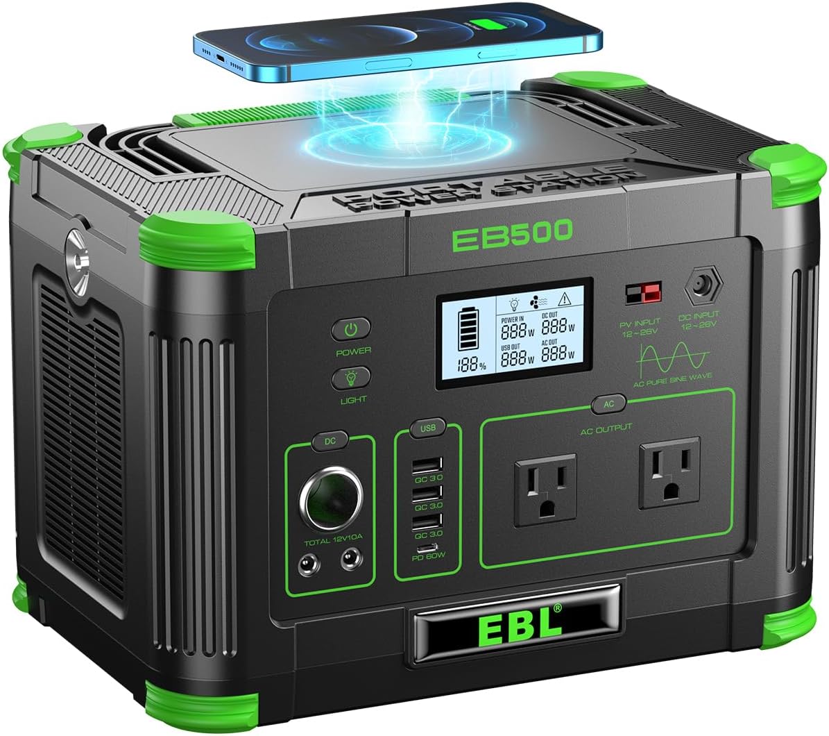 EBL Portable Power Station 500w(Peak 1000W), Camping Solar 519.48Wh Outdoor