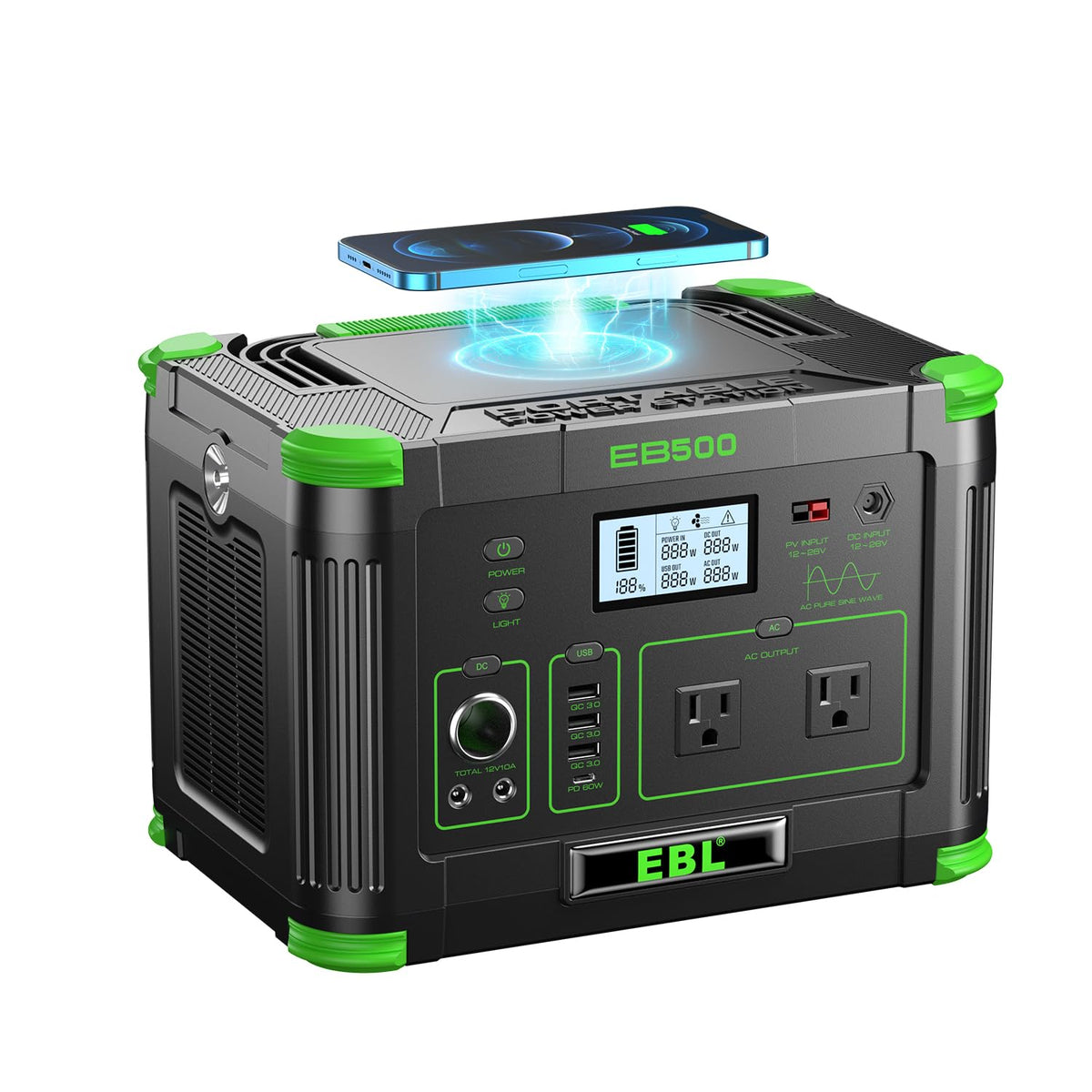 EBL Portable Power Station 500w(Peak 1000W), Camping Solar 519.48Wh Outdoor