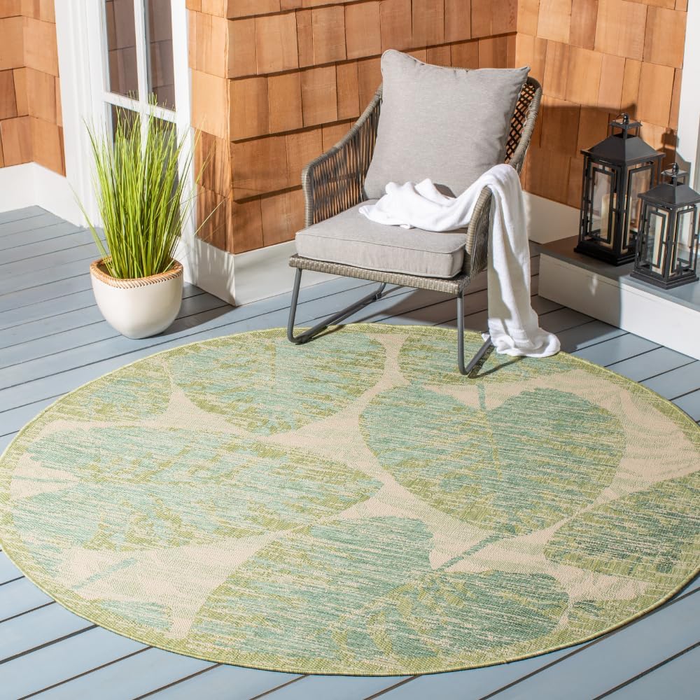 SAFAVIEH Washable Rug Outdoor Courtyard Collection - 6'7" Round, Green & Beige, Non-Shedding & Easy Cleaning, Ideal for Patio, Backyard, Mudroom (CY7556-21812)