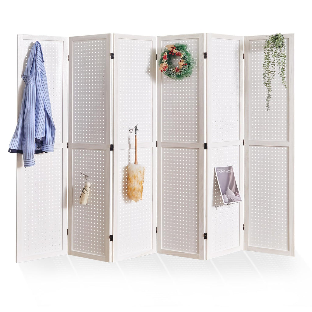 Pegboard Display, 5.6Ft Portable Freestanding Wall Organizer Wooden Room Divider Folding Privacy Screens for Craft Art Display Board (6 Panels, Natural)