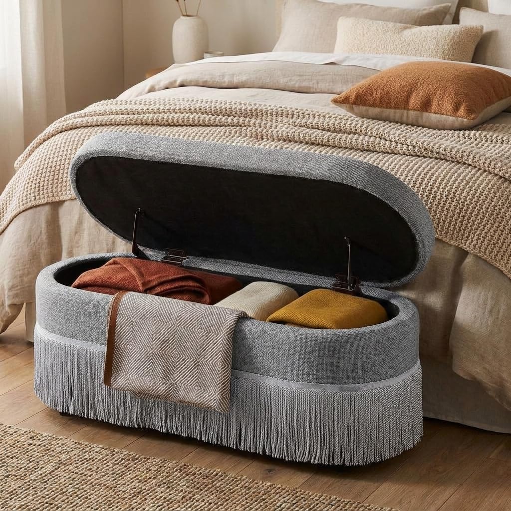 39.4“ Boho Storage Ottoman Bench with Tassels,Upholstered End of Bed Bench