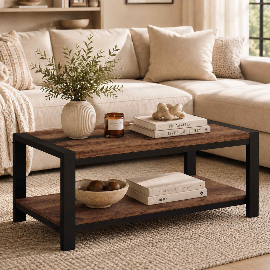 BON AUGURE Coffee Tables for Living Room, 2 Tier Storage Shelf, 43In Rustic
