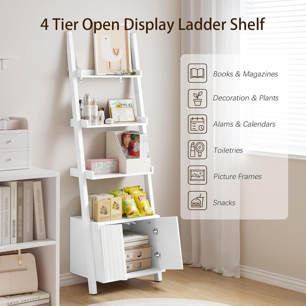 4-Tier Ladder Bookshelf with Storage Cabinet,Display Shelf,White