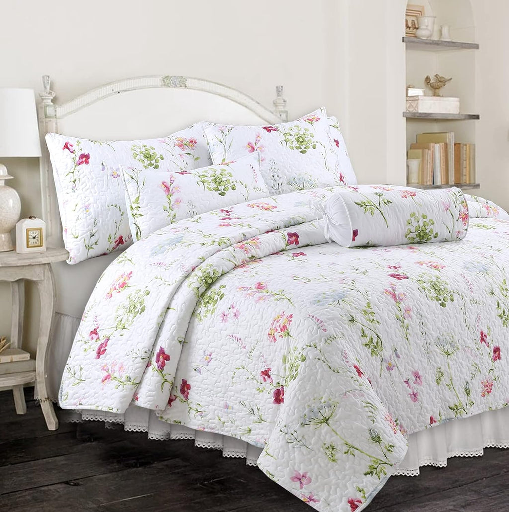 Cozy Line Home Fashions Light Pink Blue Flower Bloom Floral Garden Reversible Quilt Bedding Set, Coverlet Bedspread Lightweight for All Seasons (Carlotta, King - 6 Piece)
