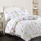 Cozy Line Home Fashions Bloom Floral Blue Rose Spring Reversible Quilt Bedding Set, Coverlet Bedspread Lightweight for All Seasons (Pink Garden, Queen - 6 Piece)