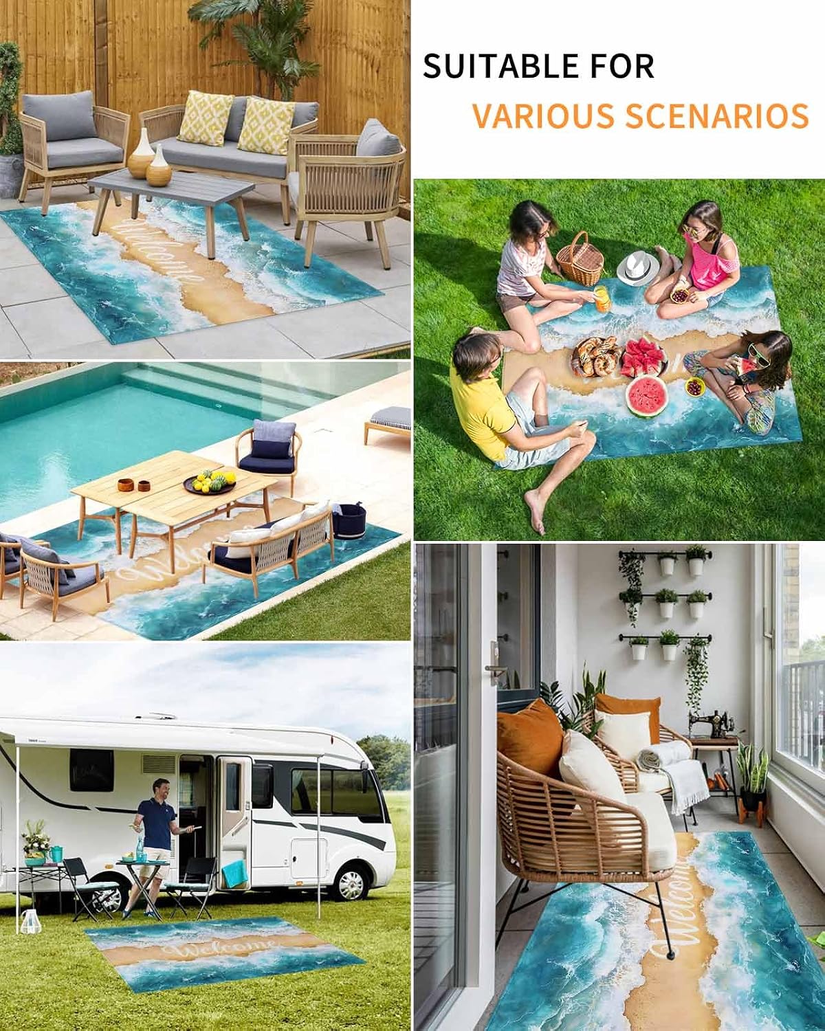 Welcome Summer Beach Outdoor Rug 5x8ft, Waterproof Indoor Outdoor Rug for Patio, Watercolor Ocean Camping Carpet Mat Outside Area Rug for RV Picnic Beach Balcony Deck Backyard