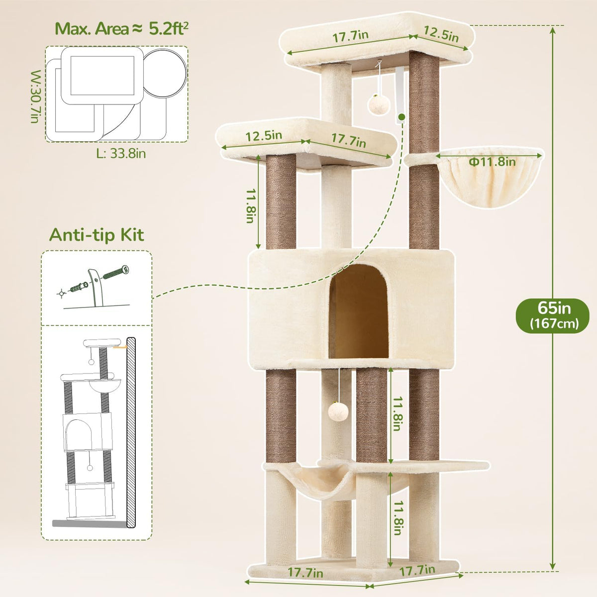 Globlazer F65D Corner Cat Tree Tower with Scratching Posts, Beige