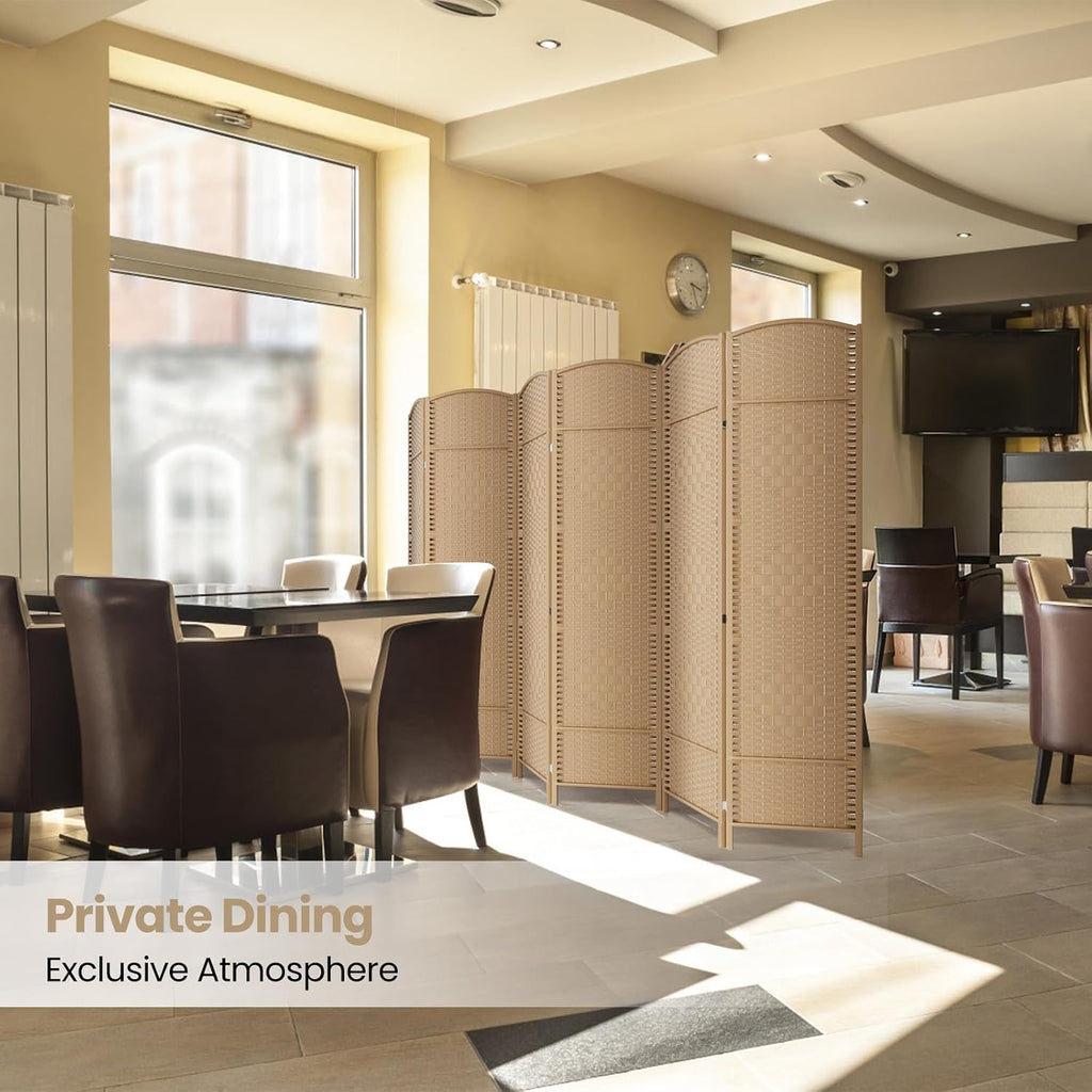 6 Panel Folding Room Divider,Woven Privacy Screen,Light Beige