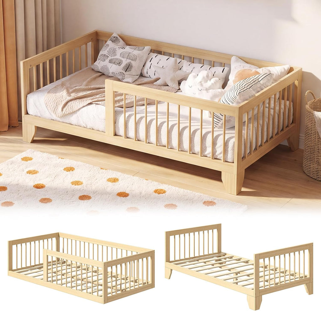 EXPERLAM Twin Montessori Floor Bed for Kids, Removable Rails, Burlywood