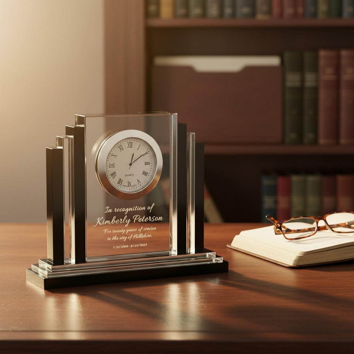 Personalized 6" Crystal Desk Clock with Black Trim Award, Custom Engraved Glass Clock for Employee Appreciation, Recognition, Retirement, Teachers