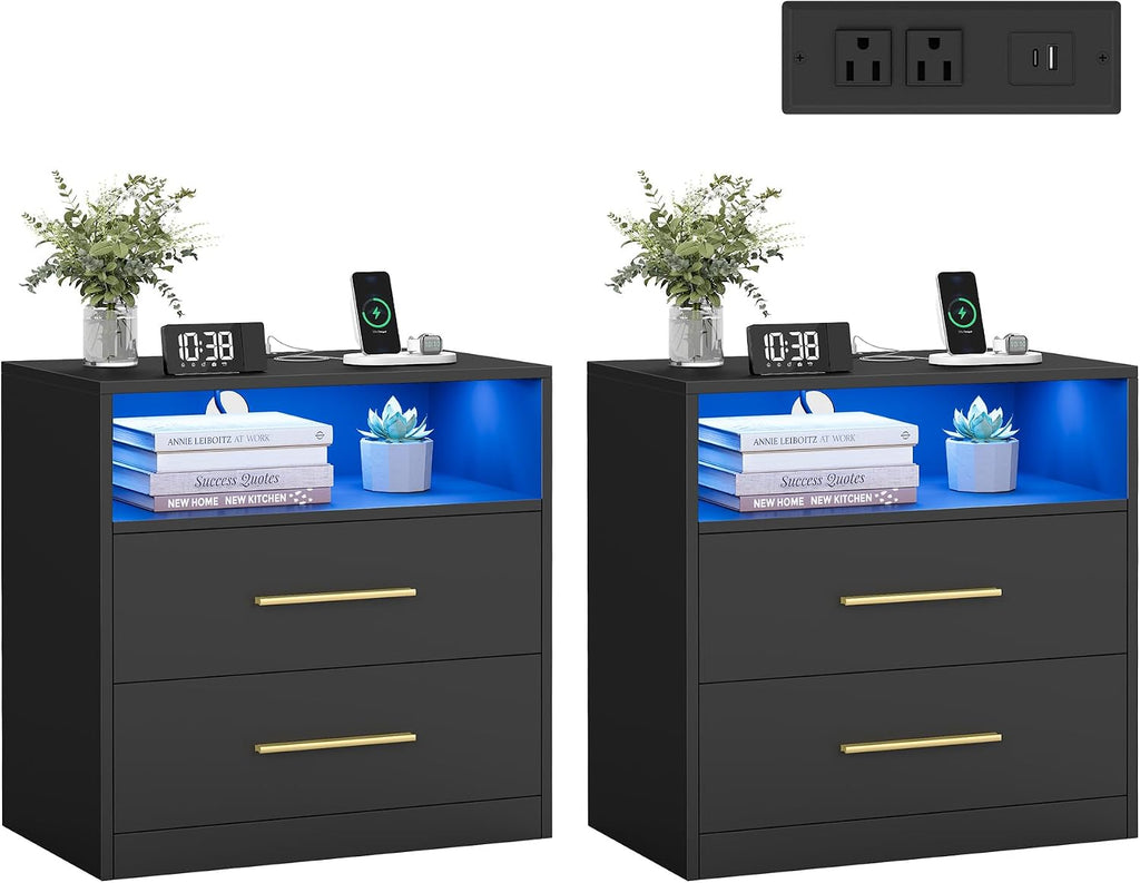 VASAGLE 23.6‑Inch Wide Nightstands, Set of 2, LED Lights, 2 Drawers