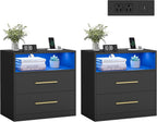 VASAGLE 23.6‑Inch Wide Nightstands, Set of 2, LED Lights, 2 Drawers