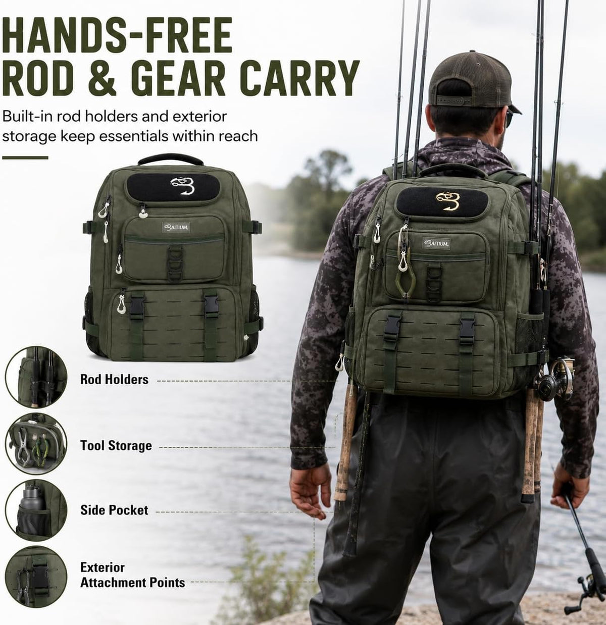 Baitium Fishing Backpack, Tackle Bag With Rod Holders, 40L Capacity With Cooler, Rain Cover, Insulated Pocket, 4 Tackle Trays Included- (Green)