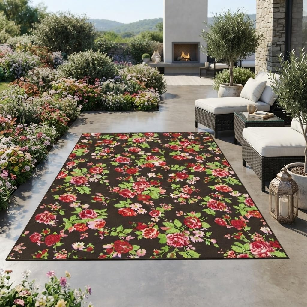 White Pink Beige Gentle Elegant Outdoor Floral Rugs 9x12 Contemporary Aesthetic Texture Thin Non Slip Durable Indoor Outside Carpets for Garden Backyard Balcony Patio Deck Veranda Deck Mats