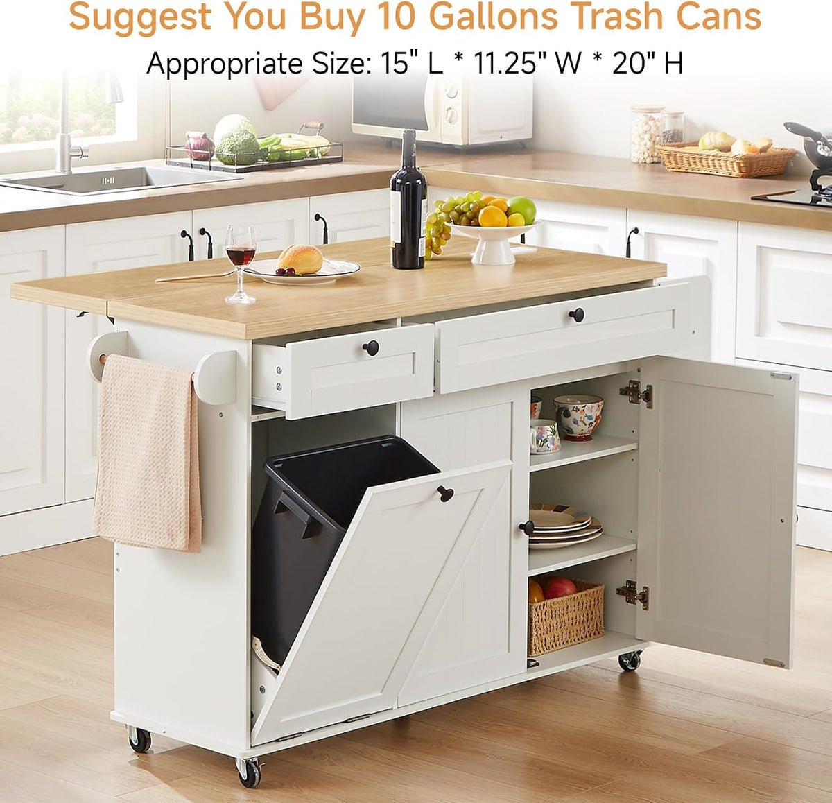 ONBRILL 60" Kitchen Island with Trash Can Storage, Rolling Island Table