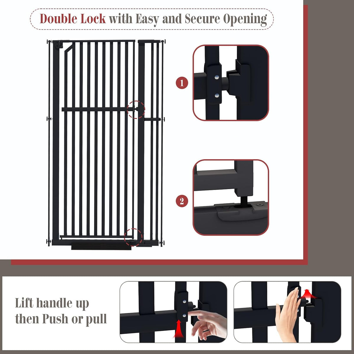 Glaf Extra Tall Pet Gate 63" Pressure Mounted Cat Door Safety Metal Cat Gate Adjustable Width Dog Door Auto-Close Dog Gates for Doorways, Stairs, Kitchen, Hallway (Black, 33.86-37.4")