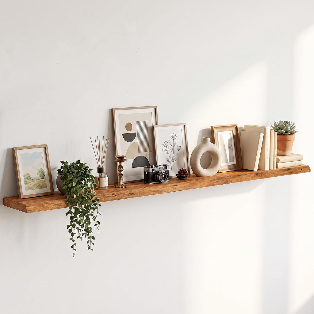 Live Edge Elm Floating Shelves - 24 In Rustic Solid Wood Shelves with Heavy-Duty Invisible Bracket, Wall-Mounted Wooden Shelf for Living Room, Bathroom, Kitchen Storage & Display, Set of 2, Natural