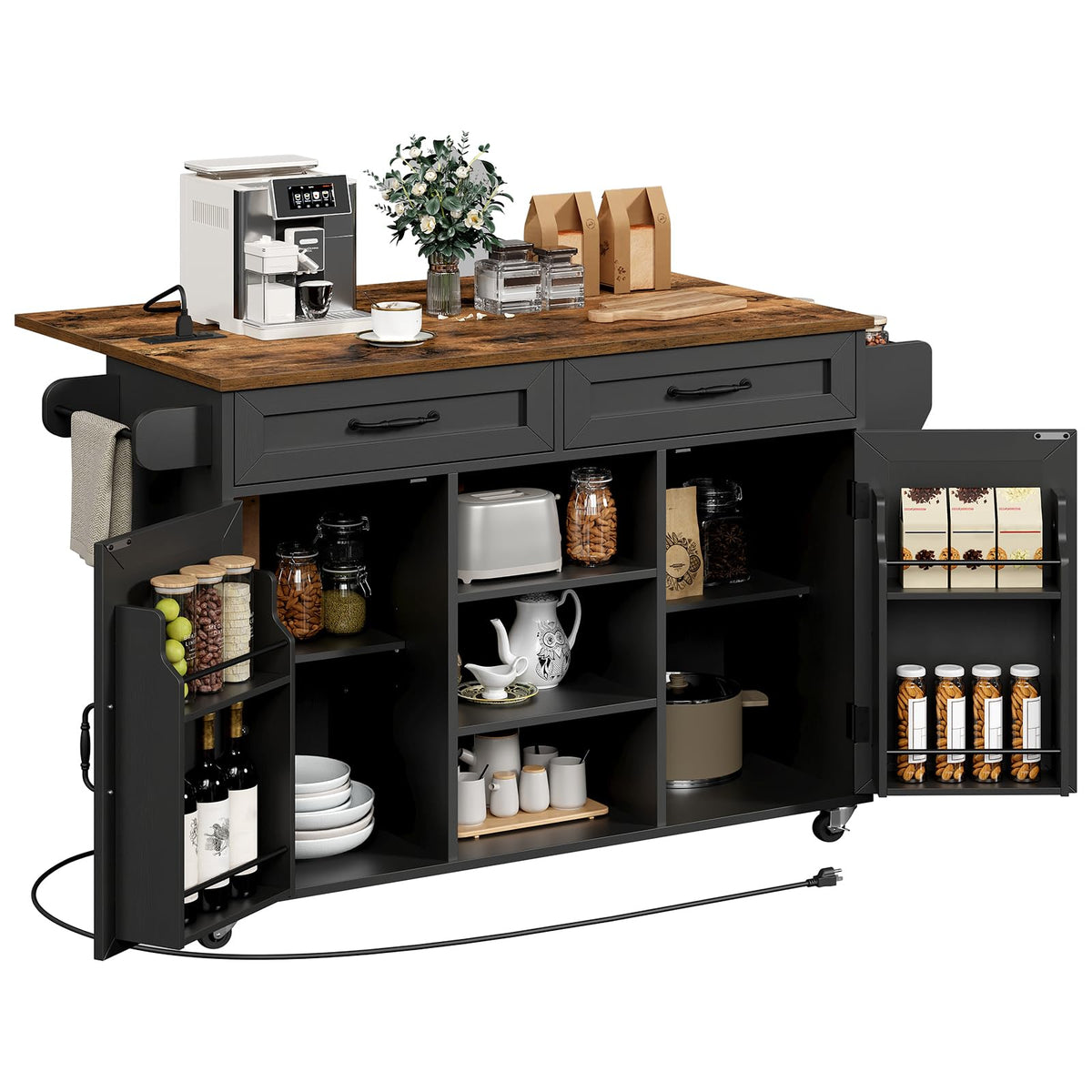 RALGEND Kitchen Island with Storage, Kitchen Rolling Island on Wheels with Power Outlet & Drop Leaf, Kitchen Island Cart with Drawer and Spice Rack, Mobile Island Table for Kitchen,White and Walnut