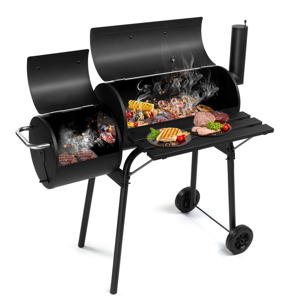 VINGLI Barrel Charcoal Grill with Offset Smoker, Built-in Lifting Carbon Mesh, Large Charcoal Barbecue Smoker Grill Combo for Outdoor Backyard Patio Camping Parties 52 × 20 × 44 inch