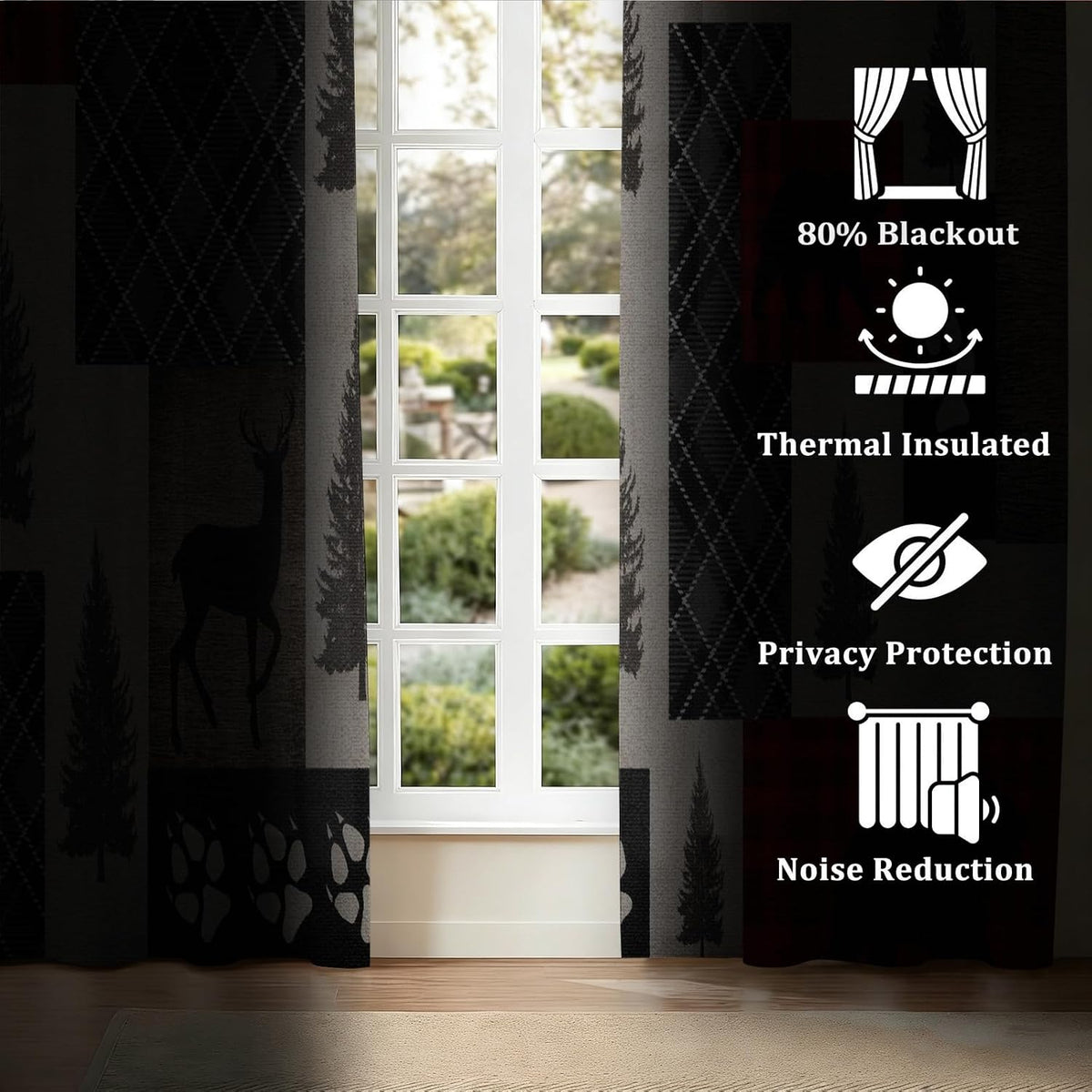 Rustic Woodland Blackout Curtains 108 Inch Long 2 Panels, Buffalo Plaid Patchwork Wildlife Bear Deer Silhouette Pine Grommet Drapes, Thermal Insulated Window Treatments for Living Room