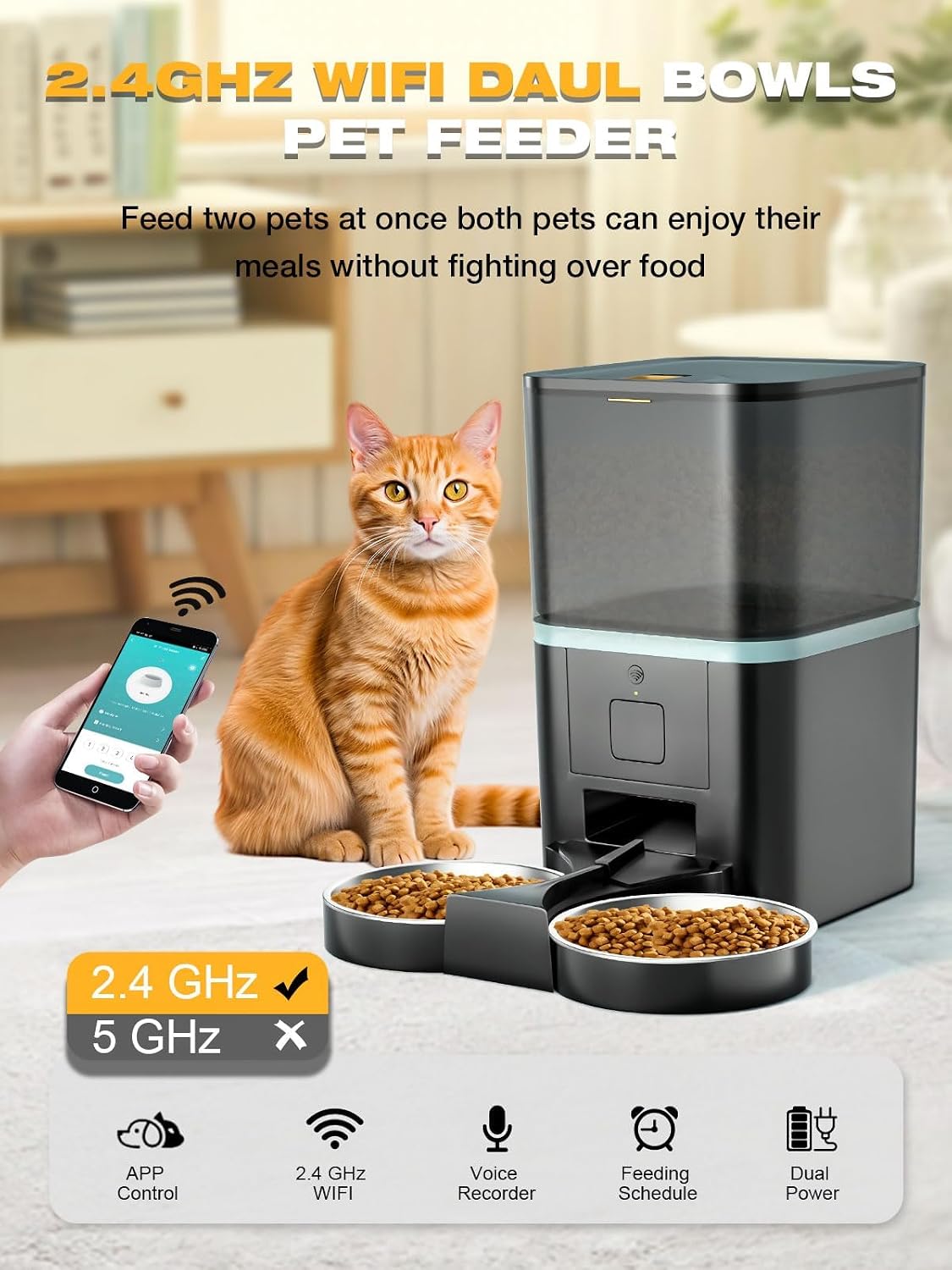 Purrfect Pet Automatic 2.4G WiFi App Control Cat Feeder, Dual Power Supply with 10s Voice Recording & Stainless Steel Bowl
