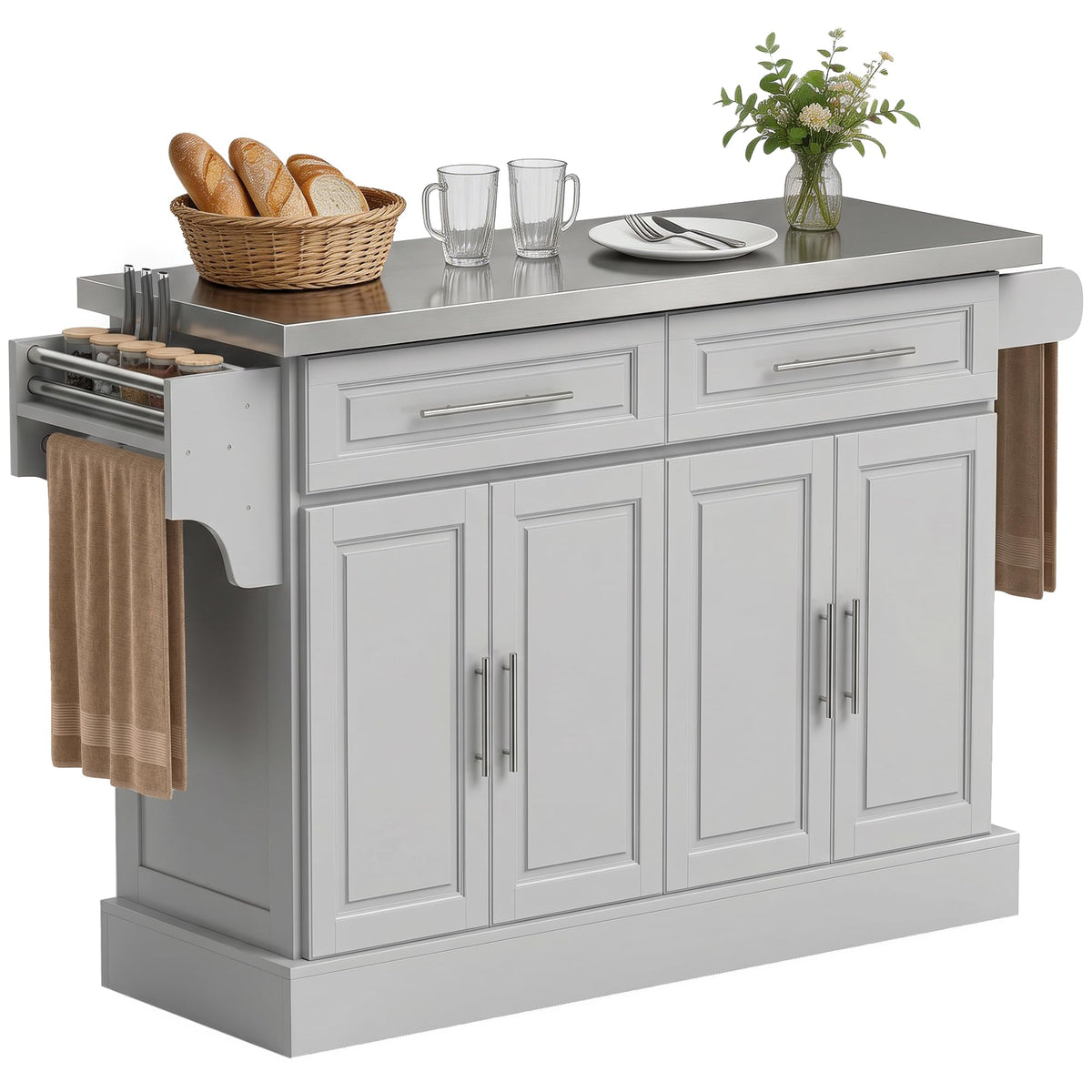 HOMCOM Rolling Kitchen Island Cart with 47" Stainless Steel Top White