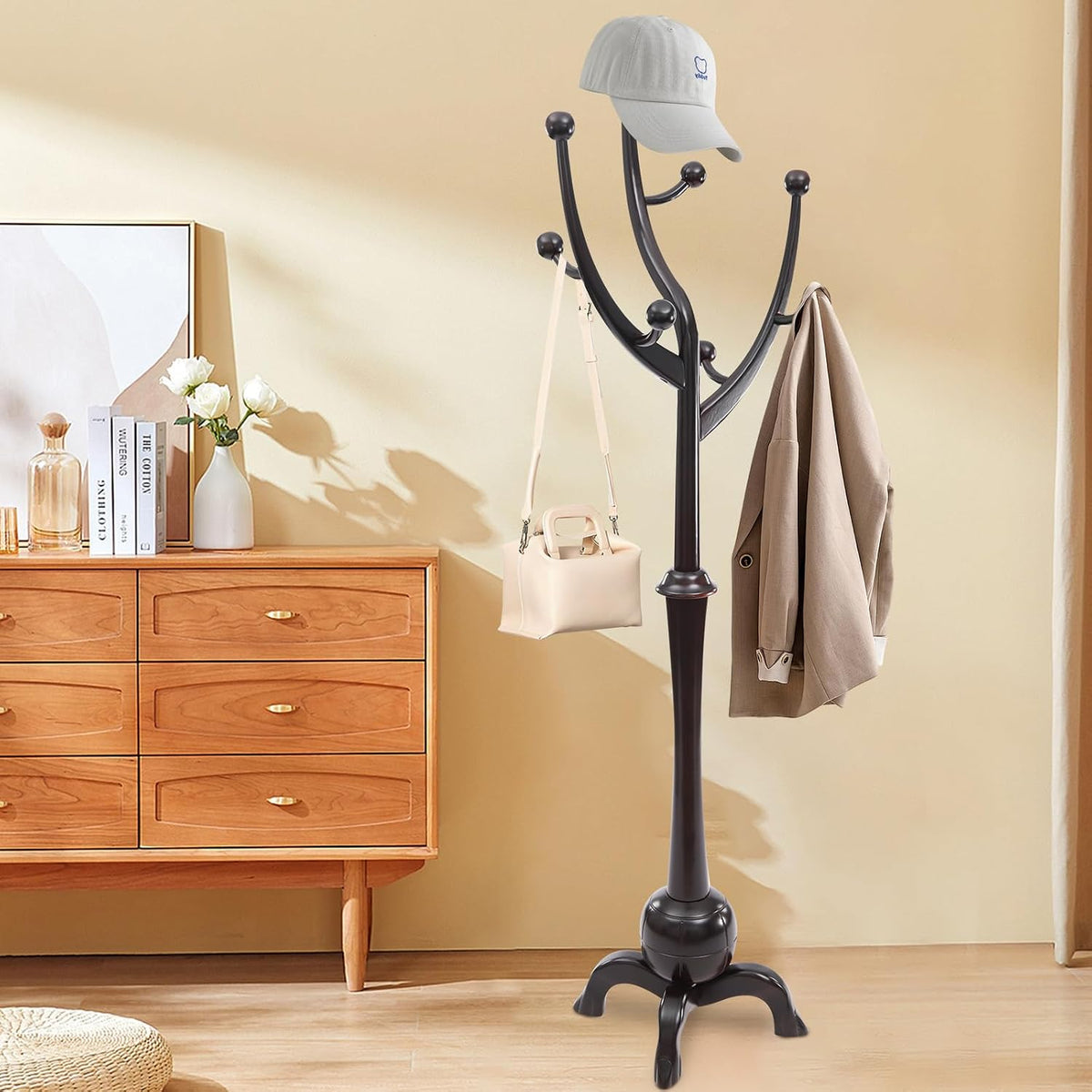 Freestanding Coat Rack with 8 Hooks, 70 Inch Wooden Clothes Rack Floor Coat Tree Modern Clothes Rack Stand Black Red for Entrance Bedroom Living Room