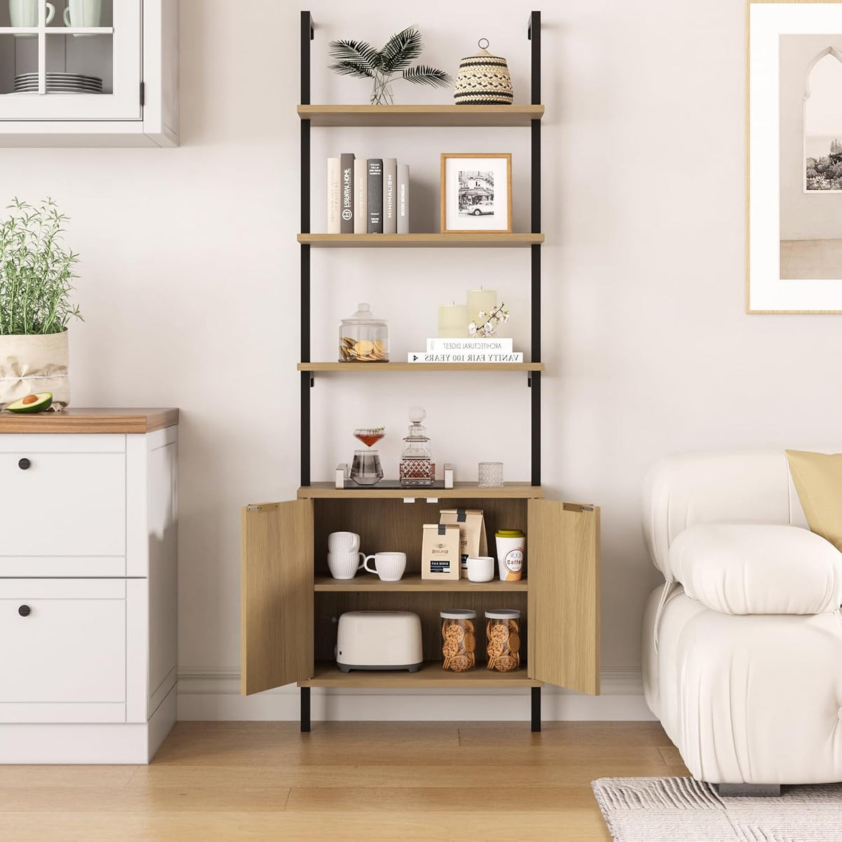Halitaa 71”Ladder Shelf with Storage Cabinet, Wall Mounted Ladder Bookshelf
