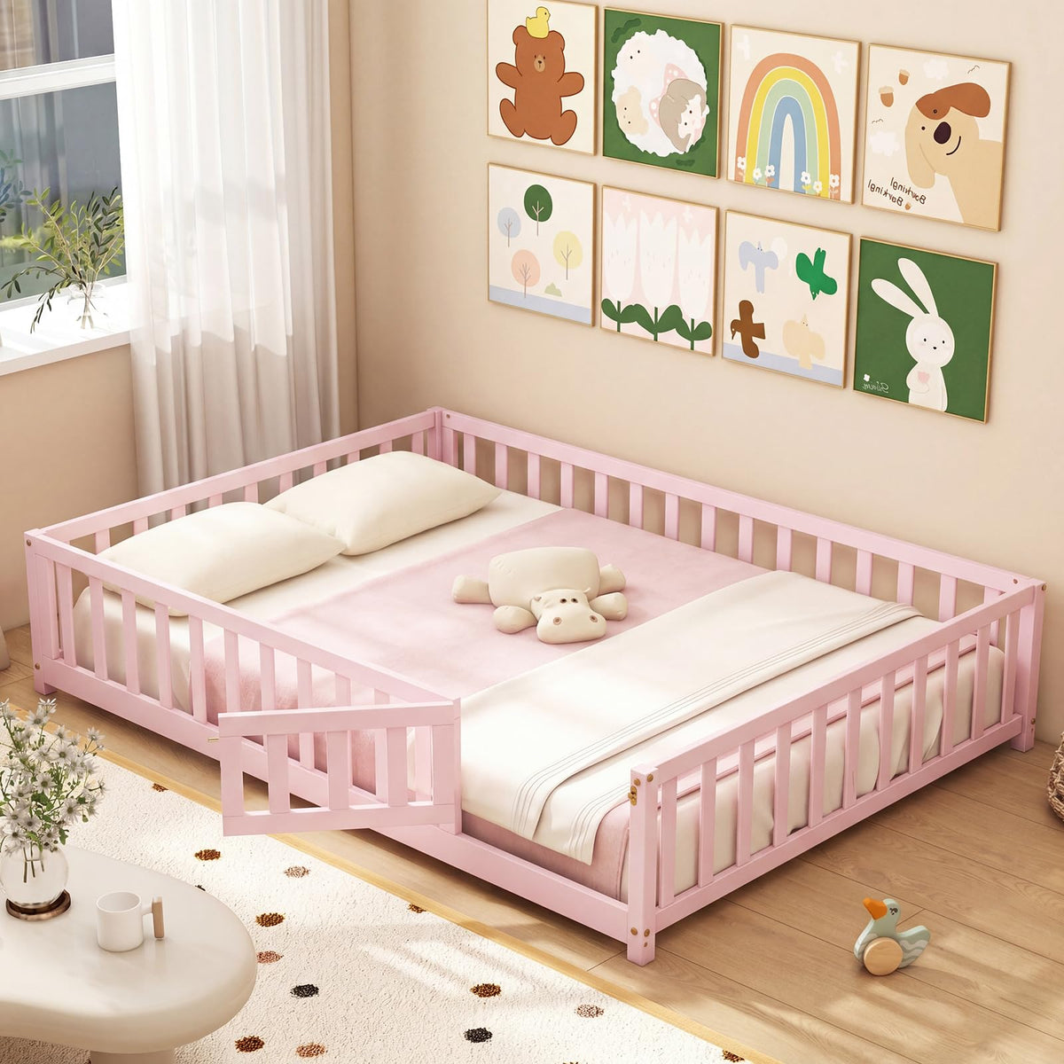 GIANTEX Full Size Floor Bed for Kids, Wooden Montessori Bed Frame with Bookcase, Storage Shelves & Safety Fence Rails, Floor Beds Full for Girls, Boys, No Box Spring Needed, Without Slats, White