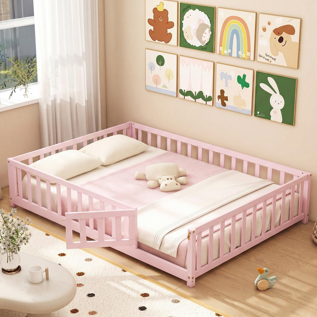 GIANTEX Twin Floor Bed with Fence for Kids, Wooden Montessori Bed Frame with Lockable Door & Guardrails, Low Floor Beds for Kids, Boys, Girls, No Box Spring Needed, Without Wood Slats, White