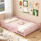 GIANTEX Twin Floor Bed with Fence for Kids, Wooden Montessori Bed Frame with Lockable Door & Guardrails, Low Floor Beds for Kids, Boys, Girls, No Box Spring Needed, Without Wood Slats, White