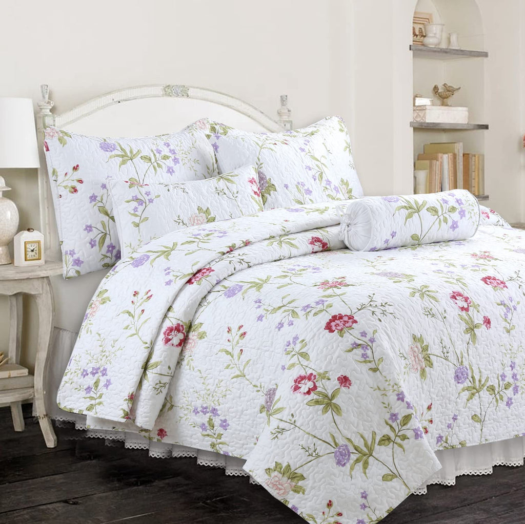 Cozy Line Home Fashions Light Pink Blue Flower Bloom Floral Garden Reversible Quilt Bedding Set, Coverlet Bedspread Lightweight for All Seasons (Carlotta, King - 6 Piece)