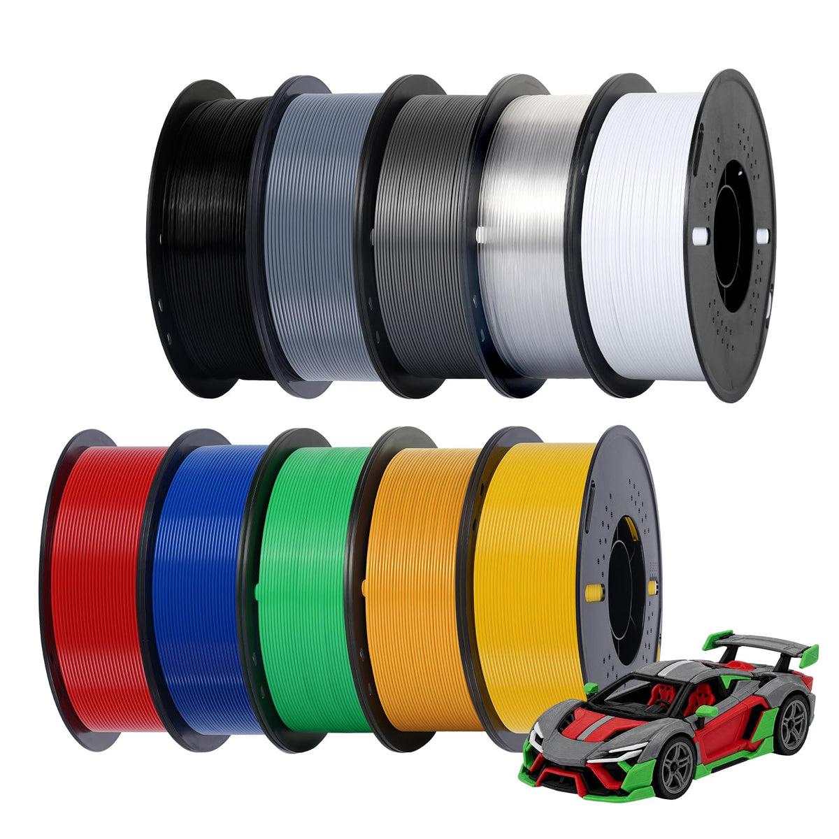 Kingroon PETG 3D Printer Filament, 10 Rolls, Dimensional Accuracy +/- 0.03 mm, 1kg Spool(2.2lbs), 1.75 mm，10KG Ten Colors Black White Grey Red Blue Green Yellow Orange Transparent Silver