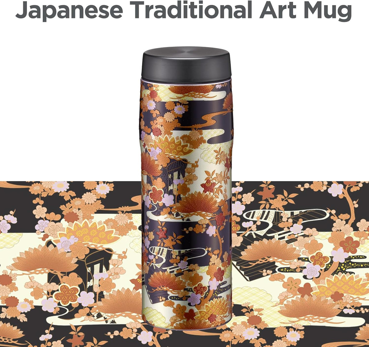 Tiger Made in Japan Insulated Travel Mug, 16oz (480ml) - 100-Year Kyoto Yuzen Tradition Design, Premium Stainless Steel Vacuum Water Bottle, with Luxury Paulownia Gift Box, MJX-B481DG, Burnt Orange